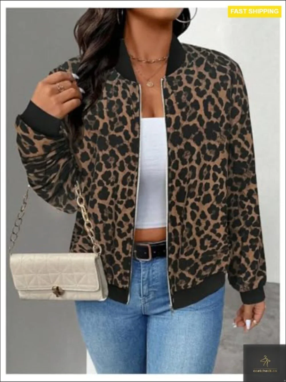 Leopard Print Zip Up Jacket Long Sleeve Collared Lightweight Casual Outerwear